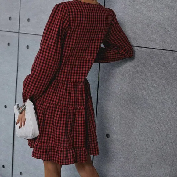 LAST ONE 🔥 Gingham Bishop Sleeve Ruffle Hem Dress - Picture 3 of 5